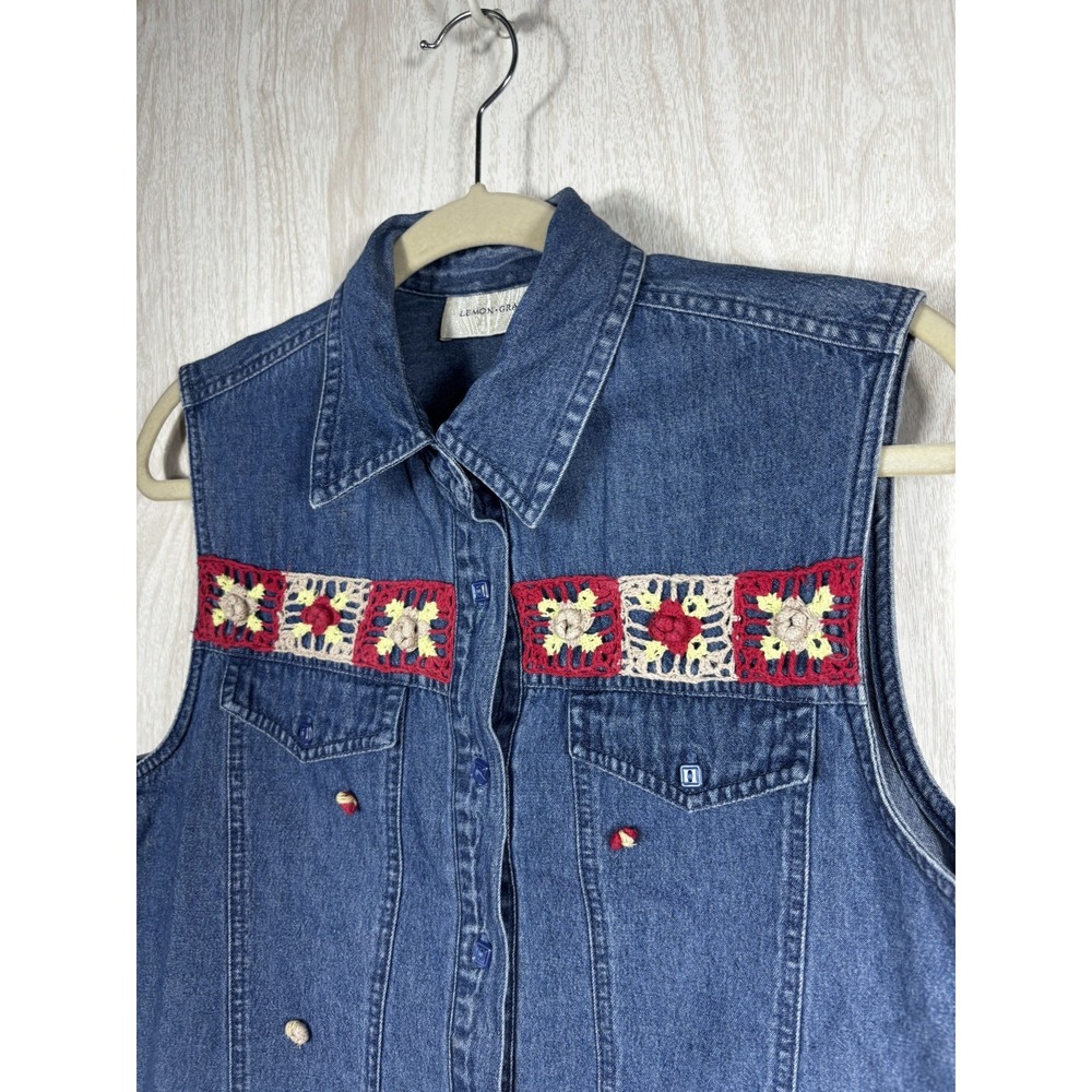 Lemon Grass Denim Vest Womens M Embroidered Patchwork Boho Festival Western Chic - Picture 5 of 8